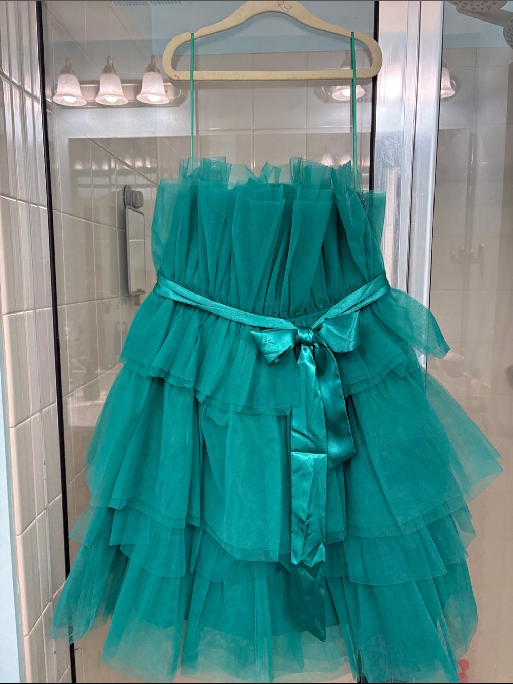 Strapless Teal Tiered Tulle Party Dress with Satin Waist Bow
